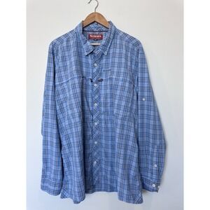 Simms Mens Blue 2XL Long Sleeved Nylon Lightweight Plaid Fishing Shirt